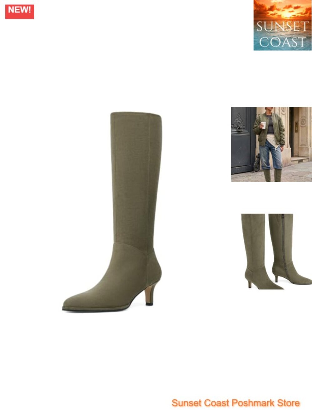 Kitten Heel Pointed Toe Faux Suede Knee High Boots Side Zip